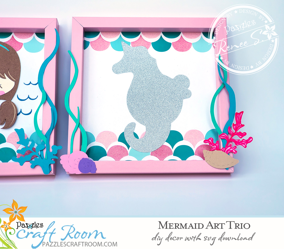 Pazzles DIY Mermaid Art Trio with instant SVG download. Instant SVG download compatible with all major electronic cutters including Pazzles Inspiration, Cricut, and Silhouette Cameo. Design by Renee Smart.