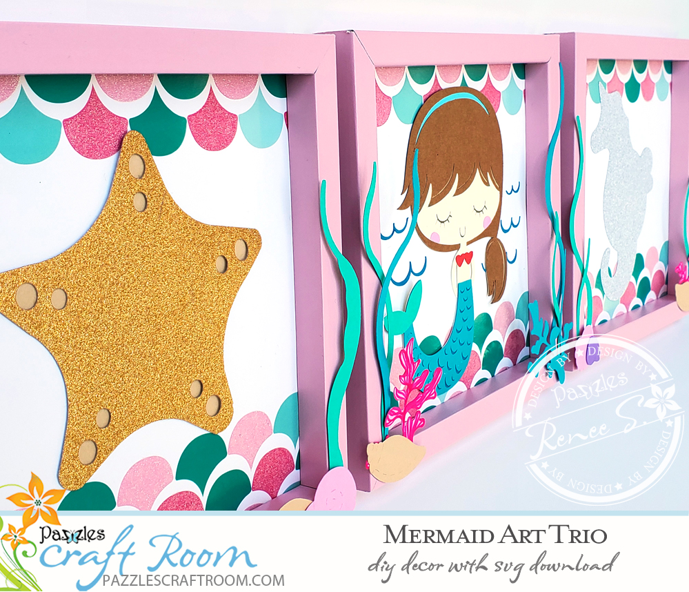 Pazzles DIY Mermaid Art Trio with instant SVG download. Instant SVG download compatible with all major electronic cutters including Pazzles Inspiration, Cricut, and Silhouette Cameo. Design by Renee Smart.