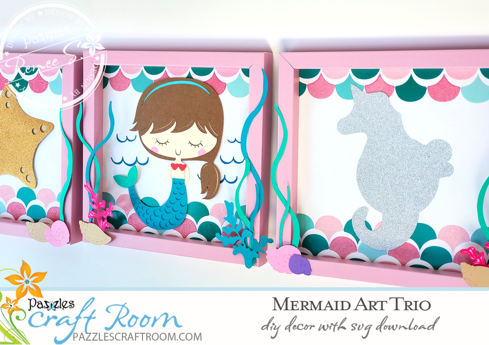 Pazzles DIY Mermaid Art Trio with instant SVG download. Instant SVG download compatible with all major electronic cutters including Pazzles Inspiration, Cricut, and Silhouette Cameo. Design by Renee Smart.