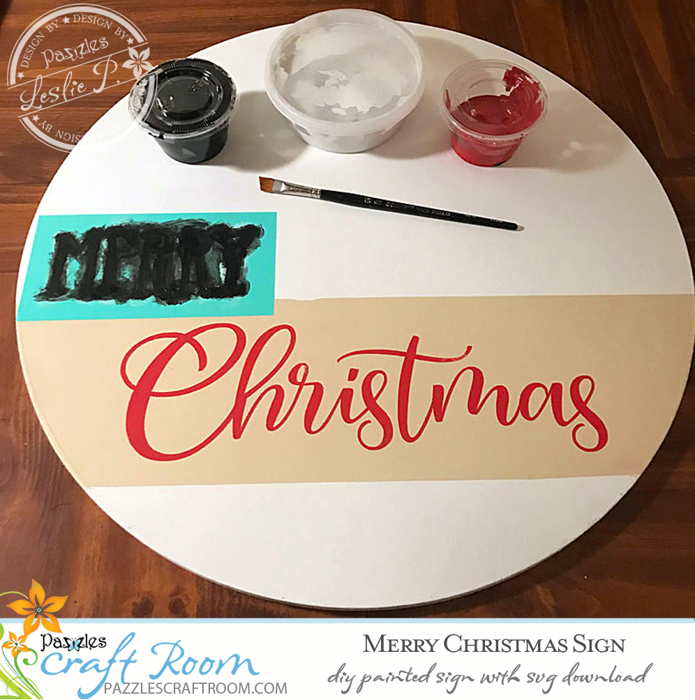 Pazzles Painted DIY Merry Christmas Sign with instant SVG download. Compatible with all major electronic cutters including Pazzles, Cricut, and Silhouette Cameo. Design by Leslie Peppers.