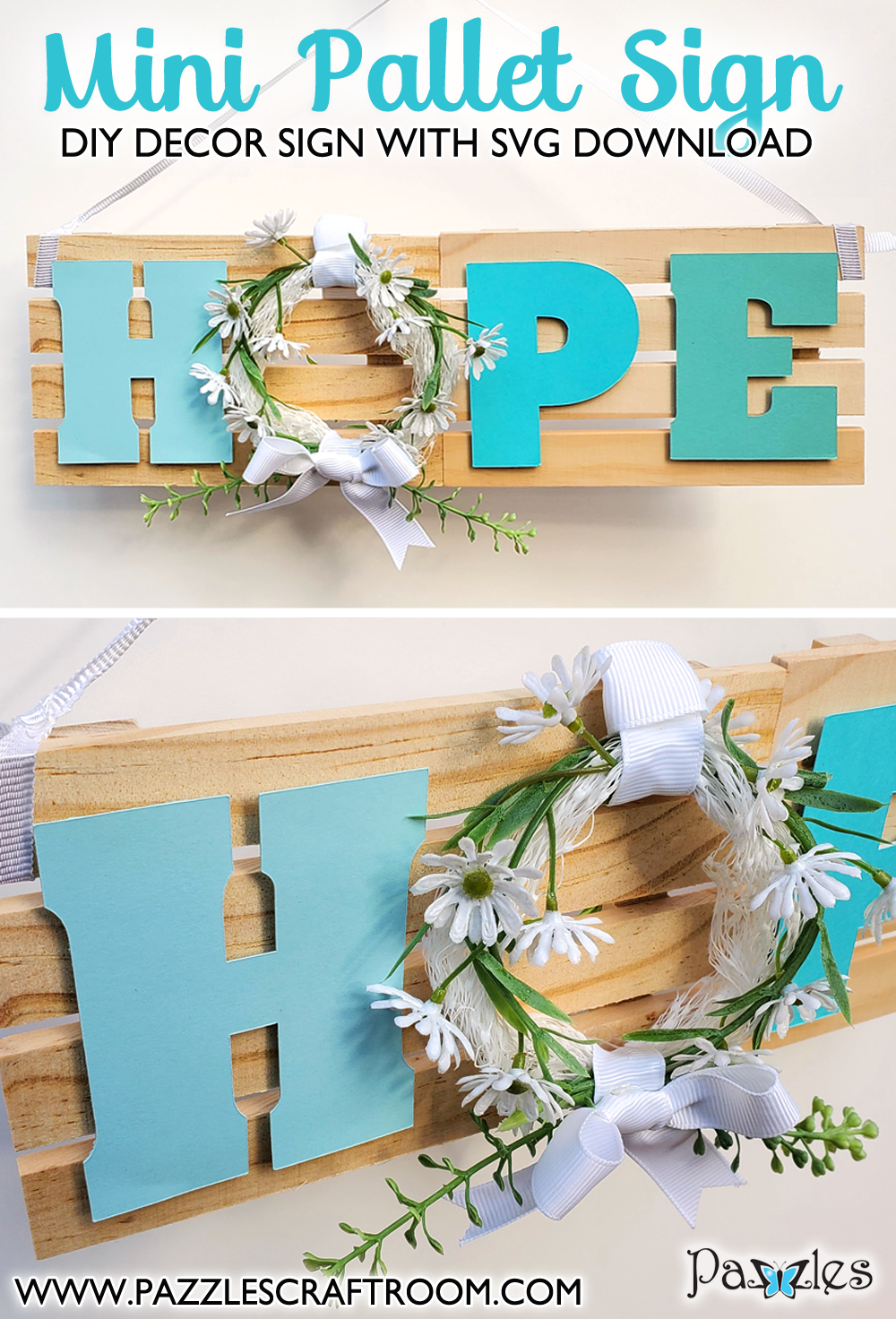 Pazzles DIY Mini Pallet Hope Home Sign with instant SVG download. Instant SVG download compatible with all major electronic cutters including Pazzles Inspiration, Cricut, and Silhouette Cameo. Design by Renee Smart.