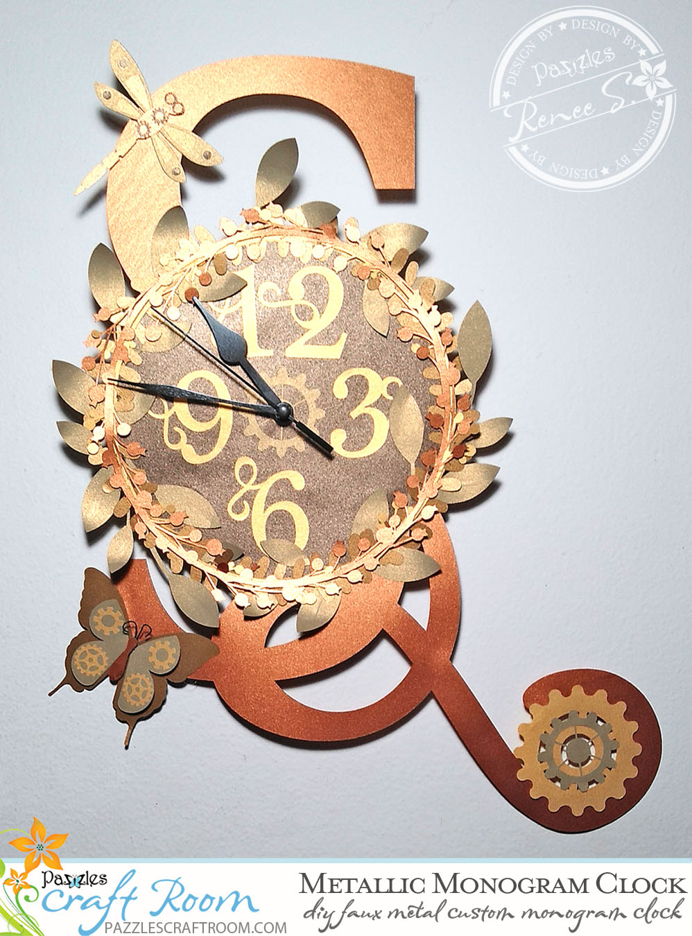 Pazzles Steampunk Metallic DIY Monogram Clock with SVG download by Renee Smart. Compatible with all major electronic cutters including Pazzles Inspiration, Cricut, and Silhouette Cameo.