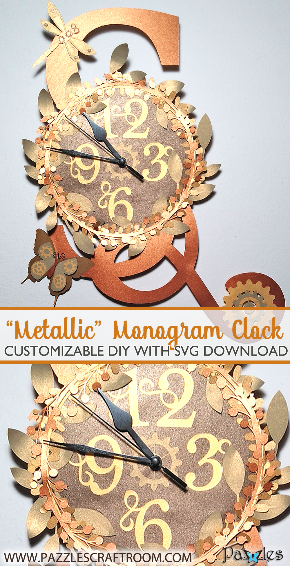 Pazzles Steampunk Metallic DIY Monogram Clock with SVG download by Renee Smart. Compatible with all major electronic cutters including Pazzles Inspiration, Cricut, and Silhouette Cameo.