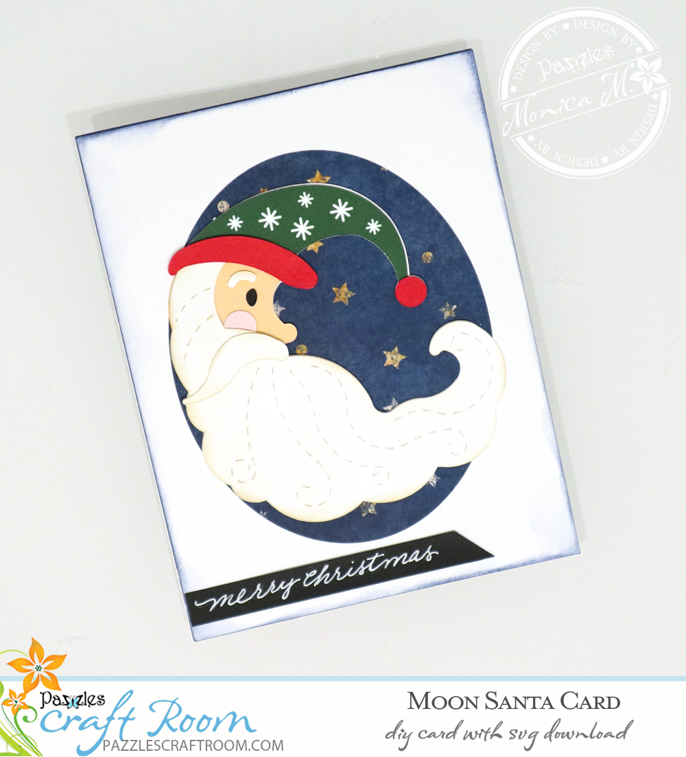 Pazzles DIY Moon Santa Card with instant SVG download. Compatible with all major electronic cutters including Pazzles Inspiration, Cricut, and Silhouette Cameo. Design by Monica Martinez.