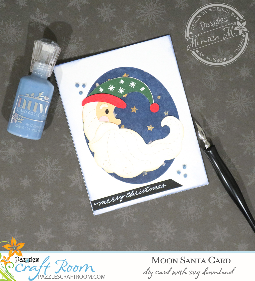 Pazzles DIY Moon Santa Card with instant SVG download. Compatible with all major electronic cutters including Pazzles Inspiration, Cricut, and Silhouette Cameo. Design by Monica Martinez.