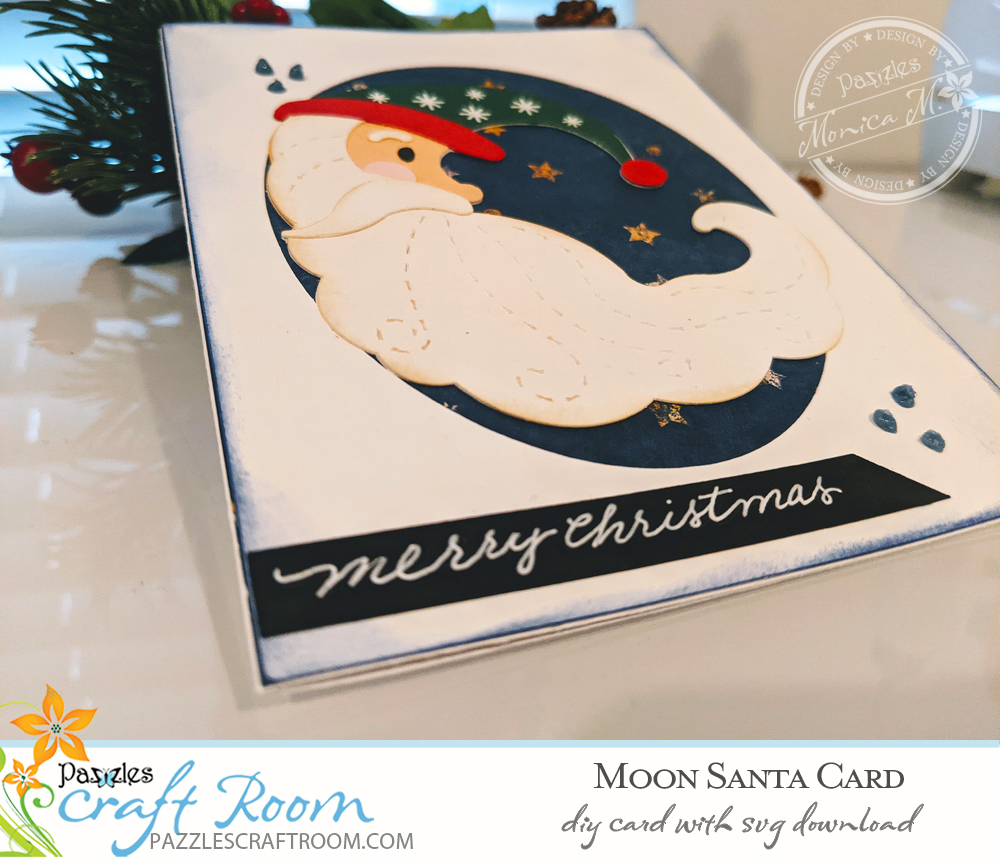 Pazzles DIY Moon Santa Card with instant SVG download. Compatible with all major electronic cutters including Pazzles Inspiration, Cricut, and Silhouette Cameo. Design by Monica Martinez.