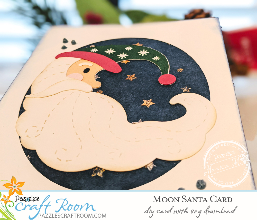Pazzles DIY Moon Santa Card with instant SVG download. Compatible with all major electronic cutters including Pazzles Inspiration, Cricut, and Silhouette Cameo. Design by Monica Martinez.