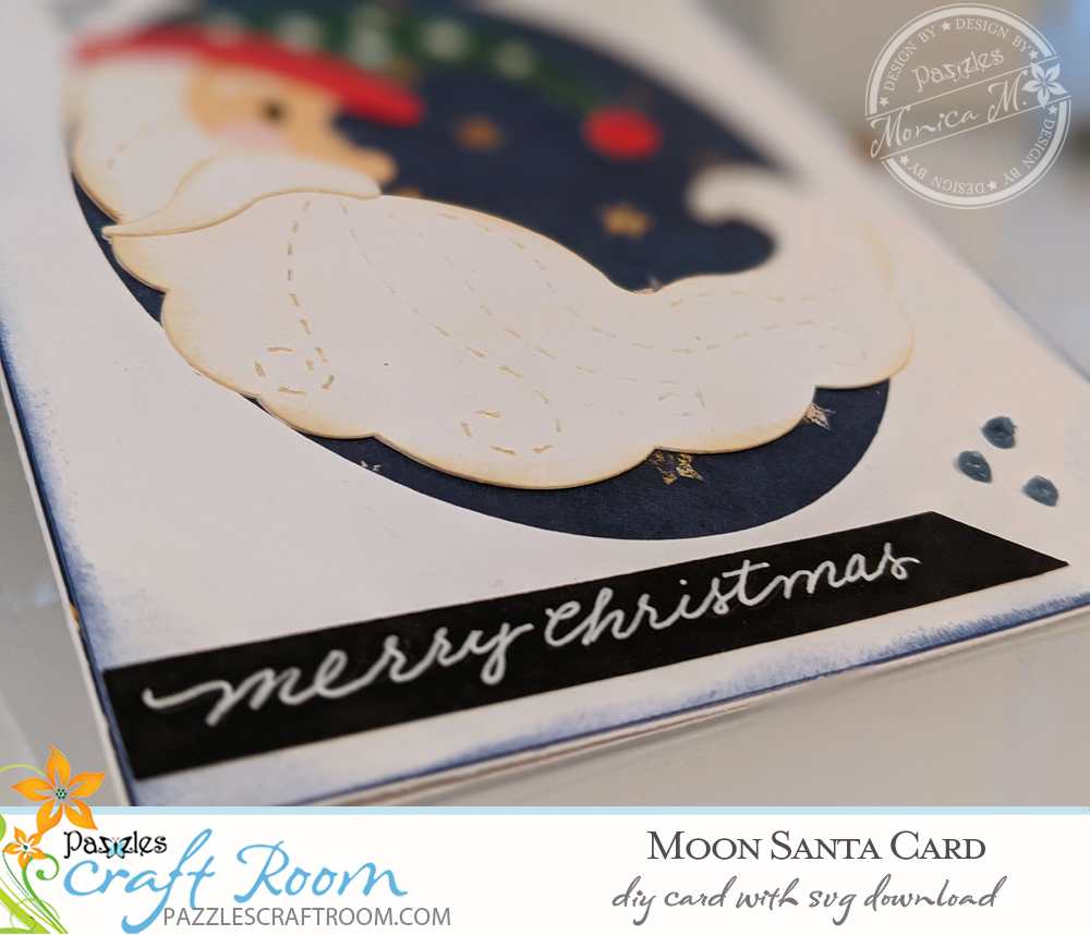 Pazzles DIY Moon Santa Card with instant SVG download. Compatible with all major electronic cutters including Pazzles Inspiration, Cricut, and Silhouette Cameo. Design by Monica Martinez.