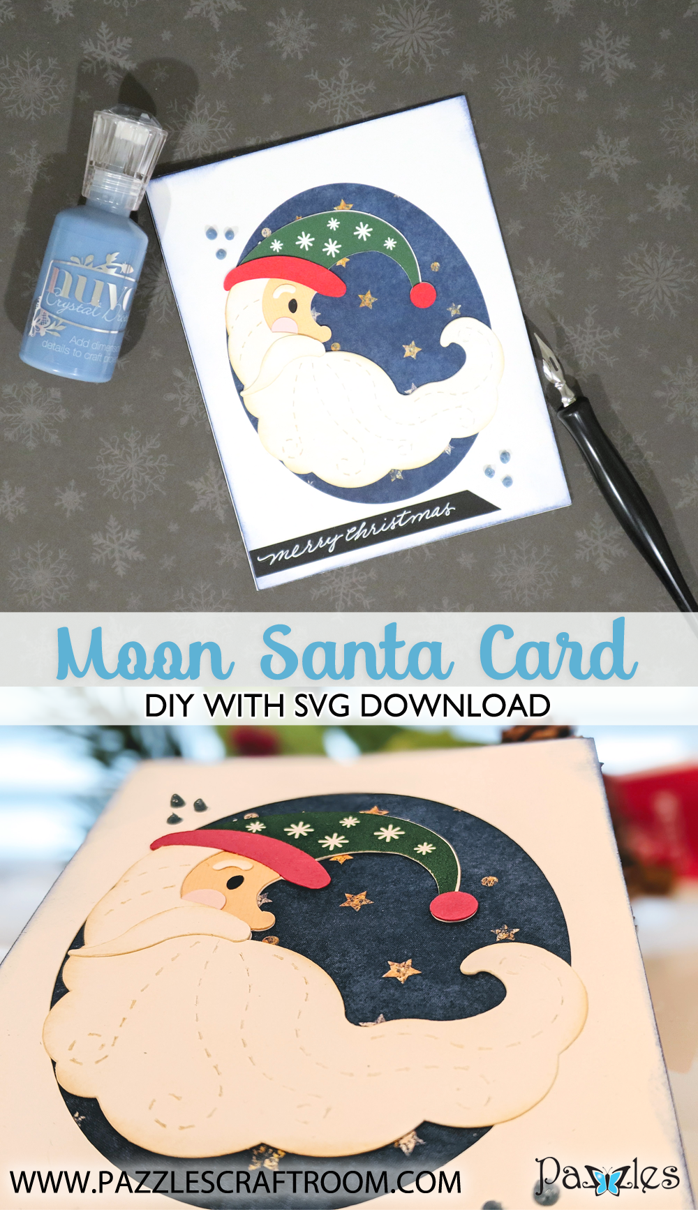 Pazzles DIY Moon Santa Card with instant SVG download. Compatible with all major electronic cutters including Pazzles Inspiration, Cricut, and Silhouette Cameo. Design by Monica Martinez.