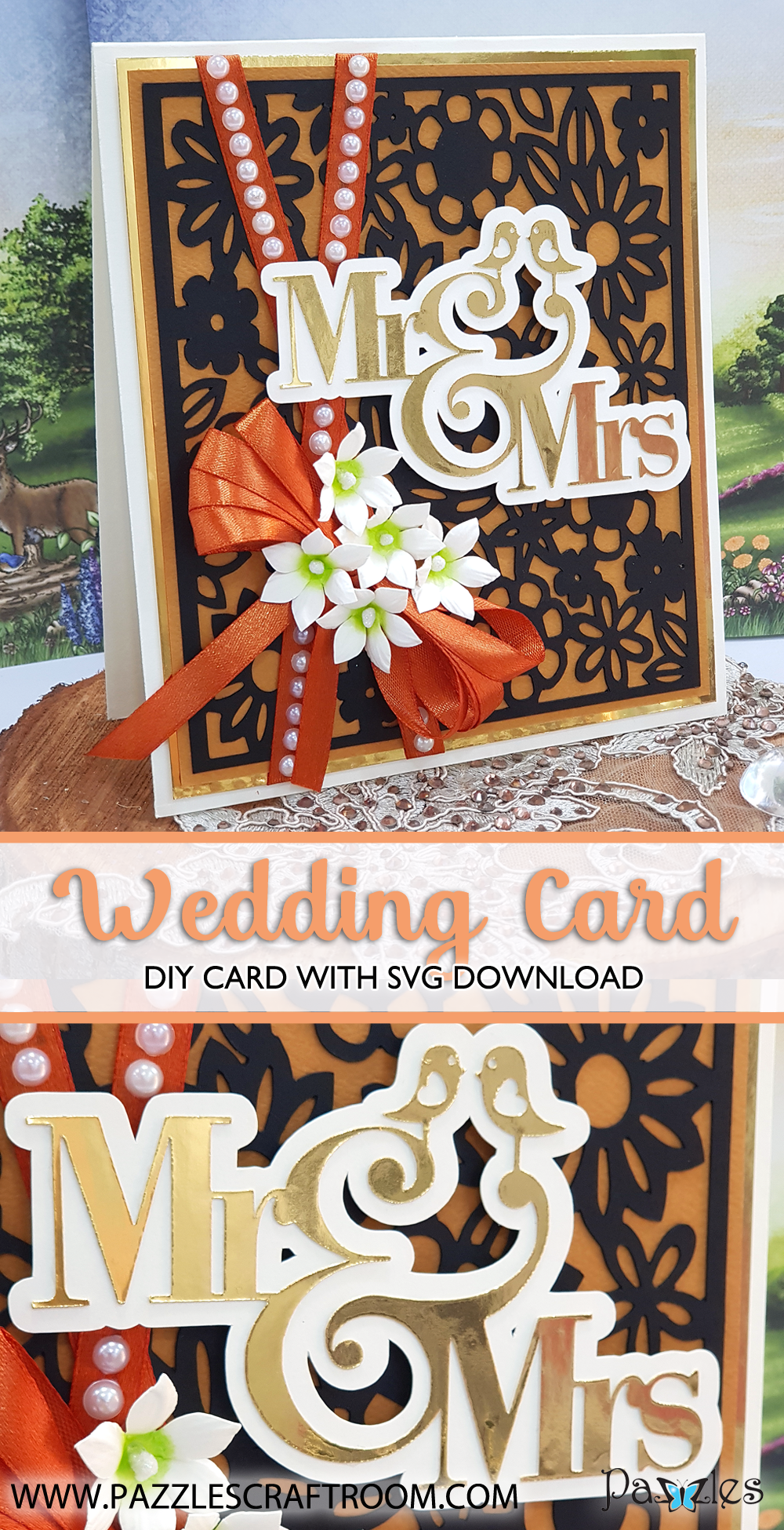 Pazzles Mr and Mrs DIY Wedding Card with instant SVG download. Compatible with all major electronic cutters including Pazzles Inspiration, Cricut, and Silhouette Cameo. Design by Nida Tanweer.