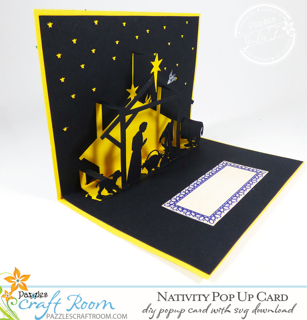 Pazzles DIY Christmas Nativity Pop Up Card with instant SVG download compatible with all major electronic cutters including Pazzles Inspiration, Cricut, and Silhouette Cameo. Design by Julie Flanagan.