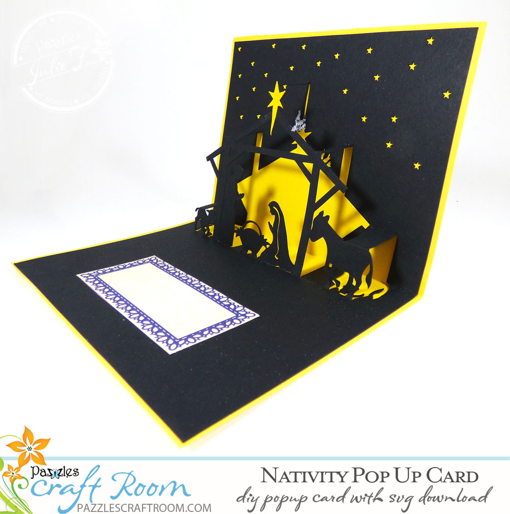 Pazzles DIY Christmas Nativity Pop Up Card with instant SVG download compatible with all major electronic cutters including Pazzles Inspiration, Cricut, and Silhouette Cameo. Design by Julie Flanagan.