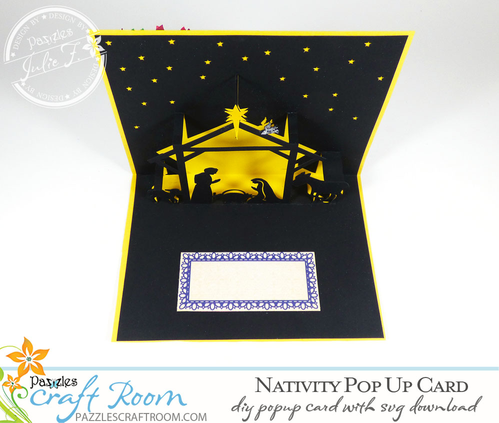 Pazzles DIY Christmas Nativity Pop Up Card with instant SVG download compatible with all major electronic cutters including Pazzles Inspiration, Cricut, and Silhouette Cameo. Design by Julie Flanagan.