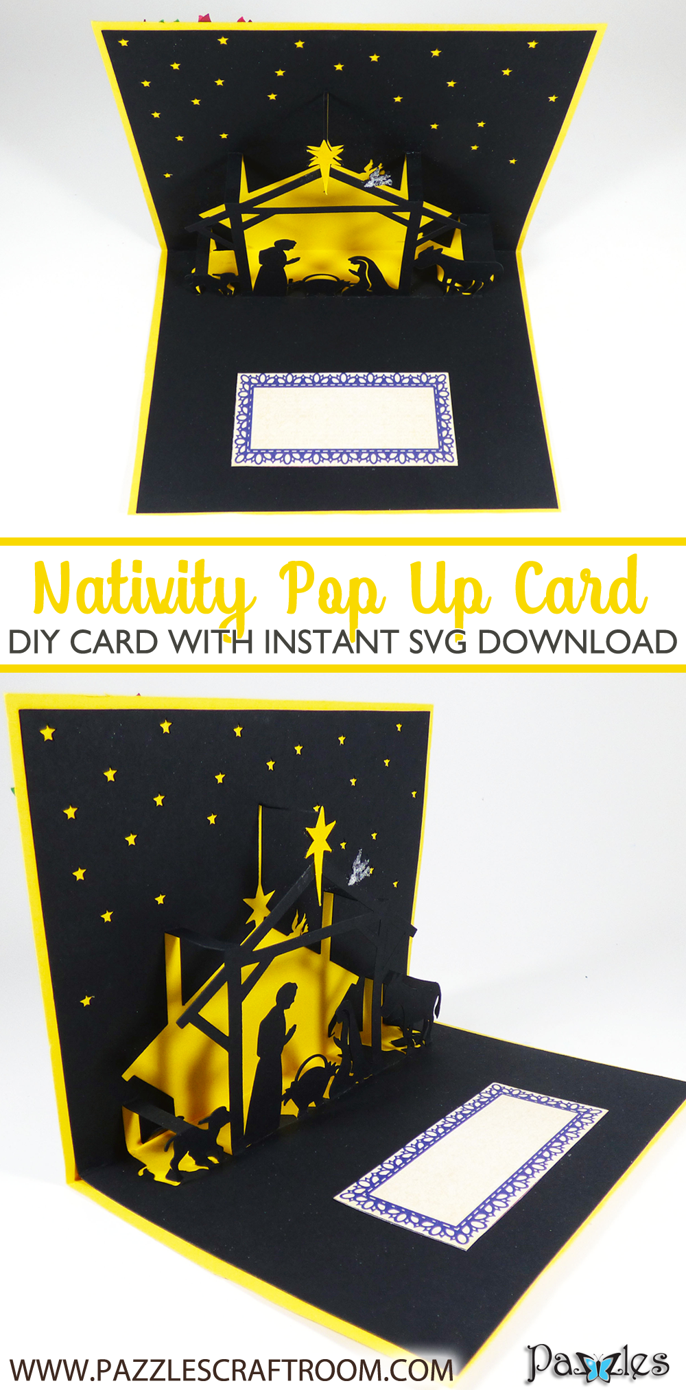 Pazzles DIY Christmas Nativity Pop Up Card with instant SVG download compatible with all major electronic cutters including Pazzles Inspiration, Cricut, and Silhouette Cameo. Design by Julie Flanagan.