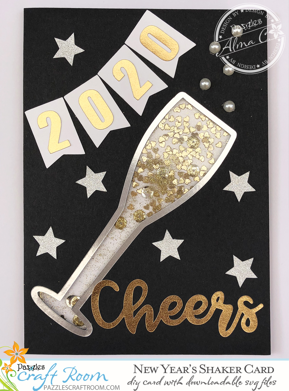 Pazzles DIY New Year's Shaker Card with instant SVG download. Compatible with all major electronic cutters including Pazzles Inspiration, Cricut, and Silhouette Cameo. Design by Alma Cervantes.
