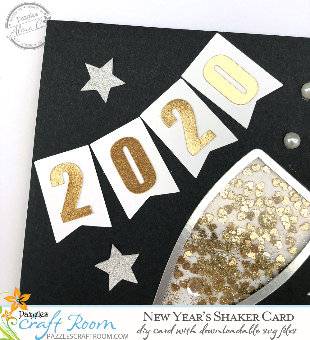 Pazzles DIY New Year's Shaker Card with instant SVG download. Compatible with all major electronic cutters including Pazzles Inspiration, Cricut, and Silhouette Cameo. Design by Alma Cervantes.