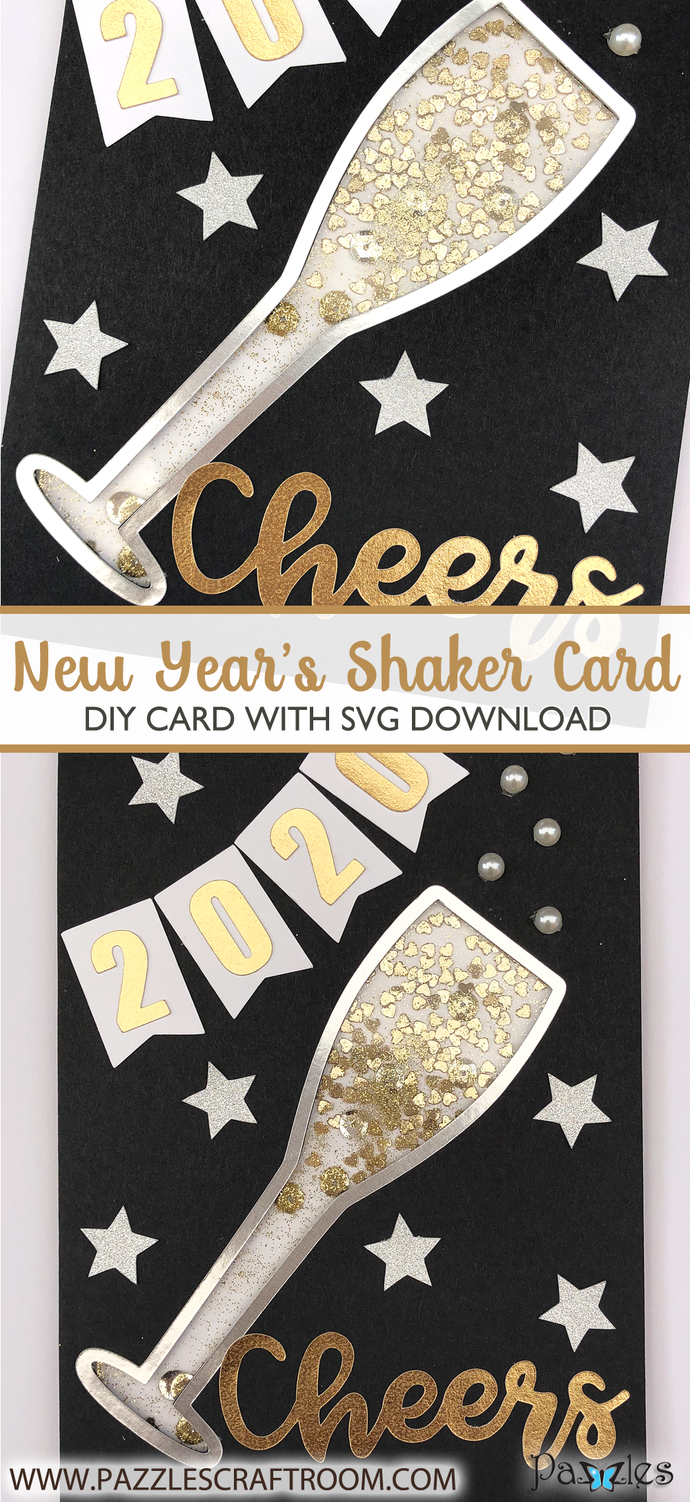 Pazzles DIY New Year's Shaker Card with instant SVG download. Compatible with all major electronic cutters including Pazzles Inspiration, Cricut, and Silhouette Cameo. Design by Alma Cervantes.