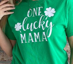 Pazzles DIY One Lucky Mama T-shirt with instant SVG download. Compatible with all major electronic cutters including Pazzles Inspiration, Cricut, and Silhouette Cameo. Design by Sara Weber.