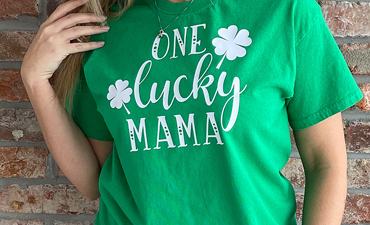 Pazzles DIY One Lucky Mama T-shirt with instant SVG download. Compatible with all major electronic cutters including Pazzles Inspiration, Cricut, and Silhouette Cameo. Design by Sara Weber.