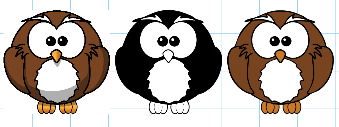 Vectorized Owl.  Original (left), Silhouette (center), and Full Color (Right)