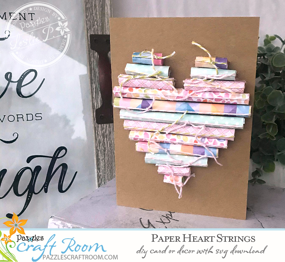 Pazzles DIY Paper Heart Strings Card or Decor.  Instant SVG download compatible with all major electronic cutters including Pazzles Inspiration, Cricut, and Silhouette Cameo. Design by Leslie Peppers.