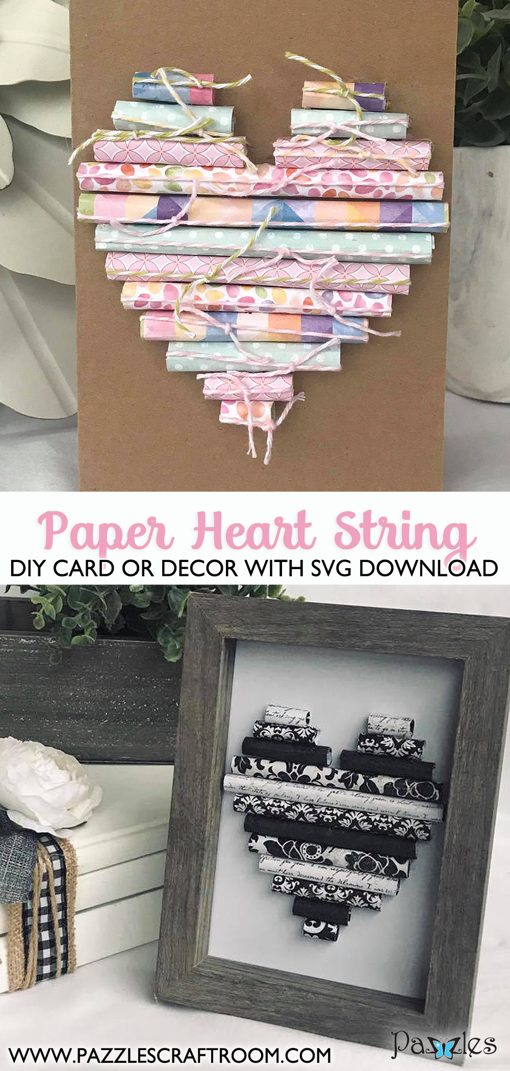 Pazzles DIY Paper Heart Strings Card or Decor.  Instant SVG download compatible with all major electronic cutters including Pazzles Inspiration, Cricut, and Silhouette Cameo. Design by Leslie Peppers.