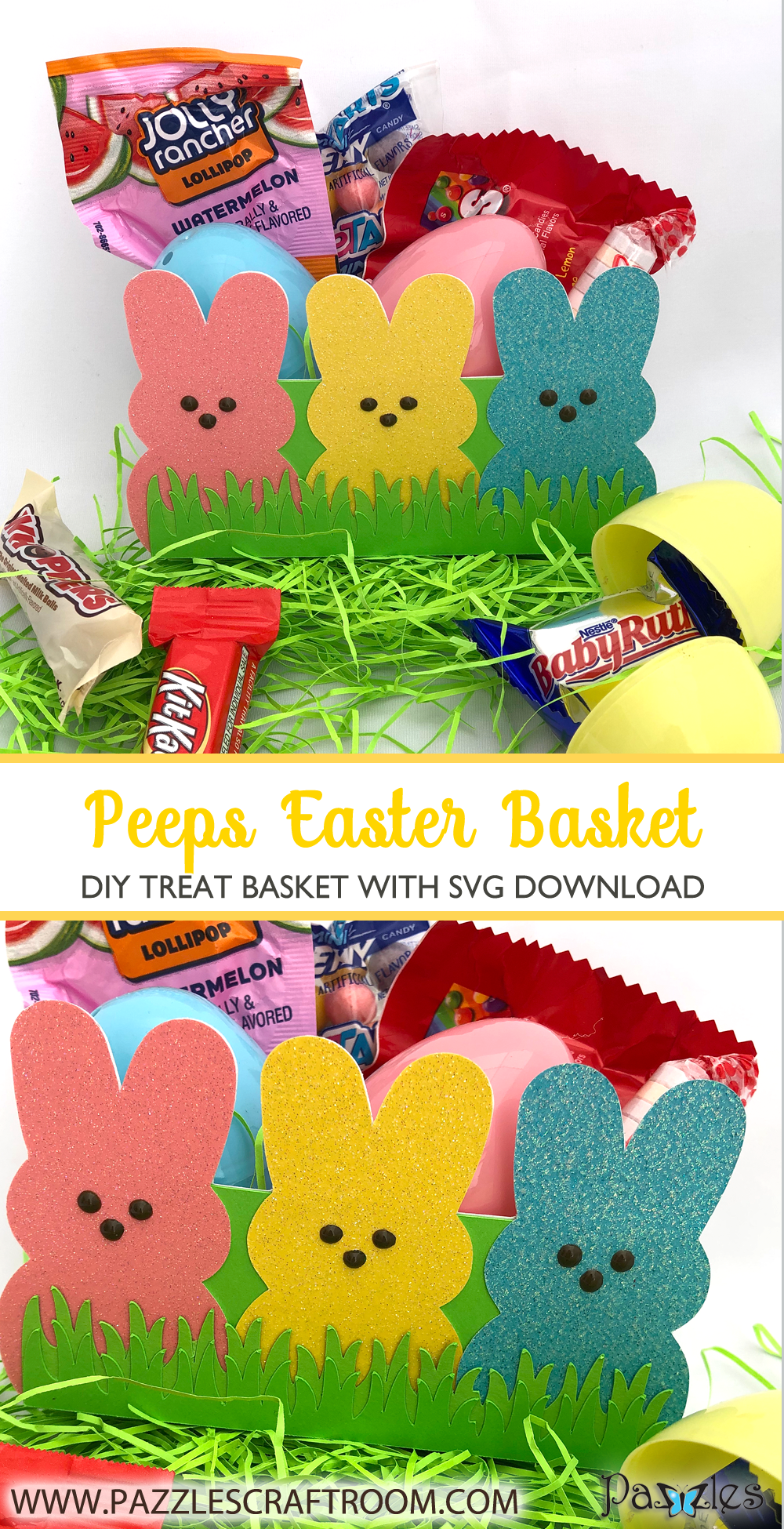 Pazzles DIY Peeps Easter Basket with instant SVG download. Compatible with all major electronic cutters including Pazzles Inspiration, Cricut, and Silhouette Cameo. Design by Alma Cervantes.