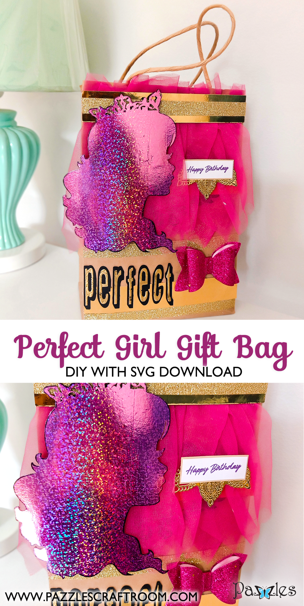 Pazzles DIY Perfect Girl Gift Bag with instant SVG download. Instant SVG download compatible with all major electronic cutters including Pazzles Inspiration, Cricut, and Silhouette Cameo. Design by Zahraa Darweesh.