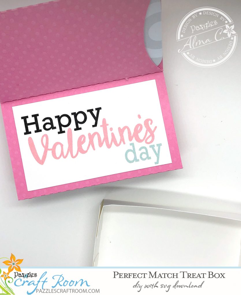 Pazzles DIY Perfect Match Treat Box. Instant SVG download compatible with all major electronic cutters including Pazzles Inspiration, Cricut, and Silhouette Cameo. Design by Alma Cervantes.
