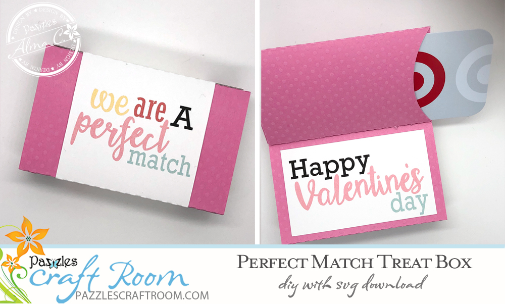 Pazzles DIY Perfect Match Treat Box. Instant SVG download compatible with all major electronic cutters including Pazzles Inspiration, Cricut, and Silhouette Cameo. Design by Alma Cervantes.