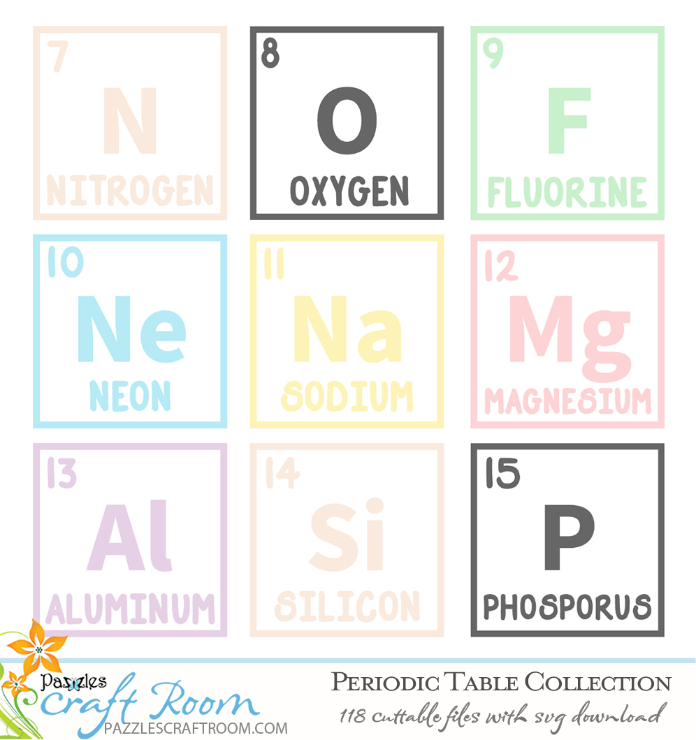 Pazzles DIY Periodic Table Cuttable SVG files for crafts. Instant download compatible with all major electronic cutters including Pazzles Inspiration, Cricut, and Silhouette Cameo.