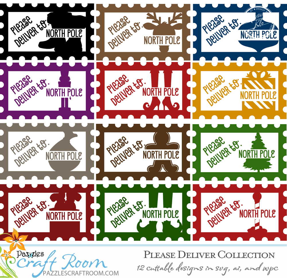 Pazzles Please Deliver Christmas Stamp Collection with instant download in SVG, AI, and WPC. Compatible with all major electronic cutters including Pazzles Inspiration, Cricut, and Silhouette Cameo. Design by Klo Oxford.