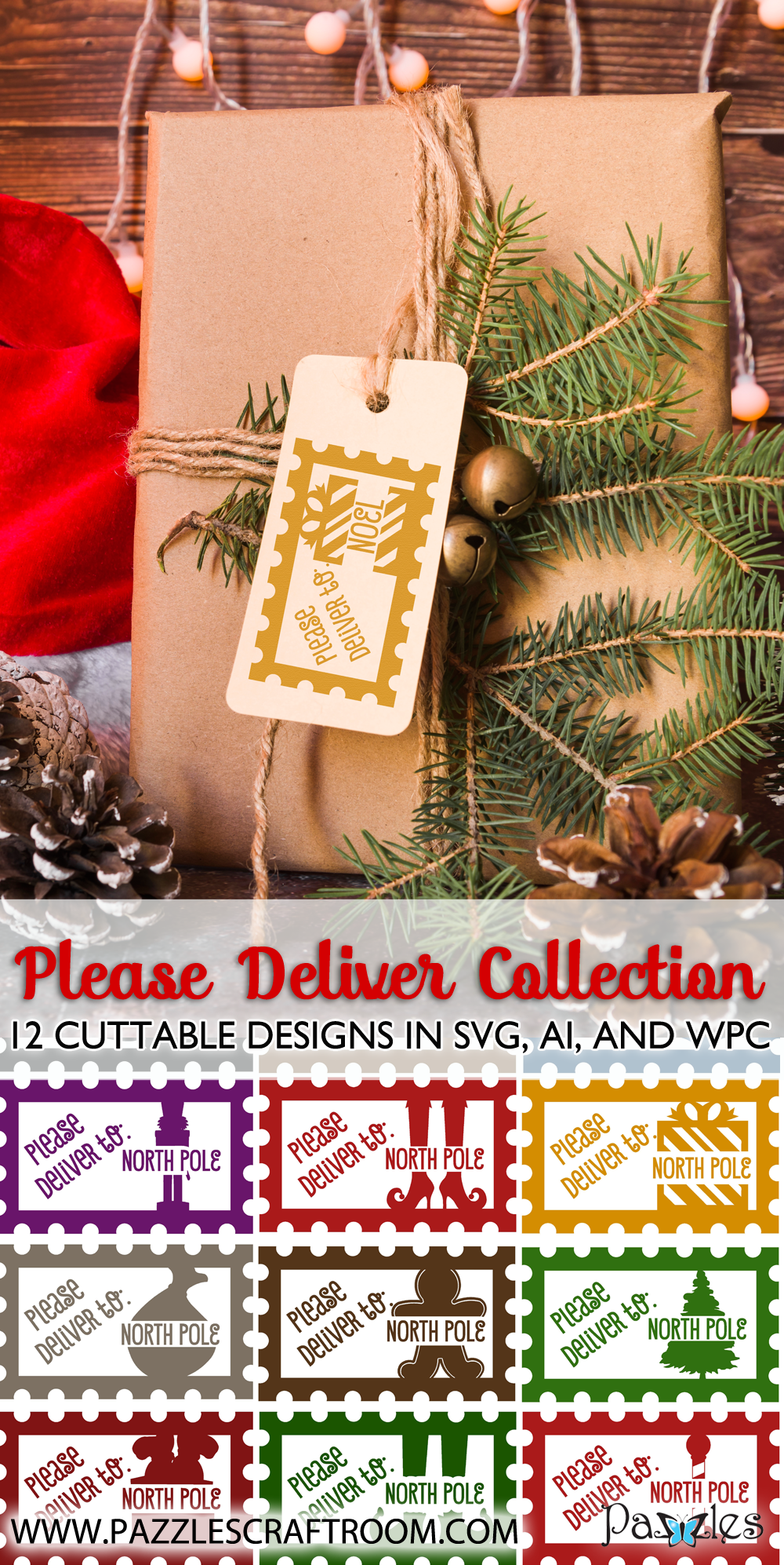 Pazzles Please Deliver Christmas Stamp Collection with instant download in SVG, AI, and WPC. Compatible with all major electronic cutters including Pazzles Inspiration, Cricut, and Silhouette Cameo. Design by Klo Oxford.