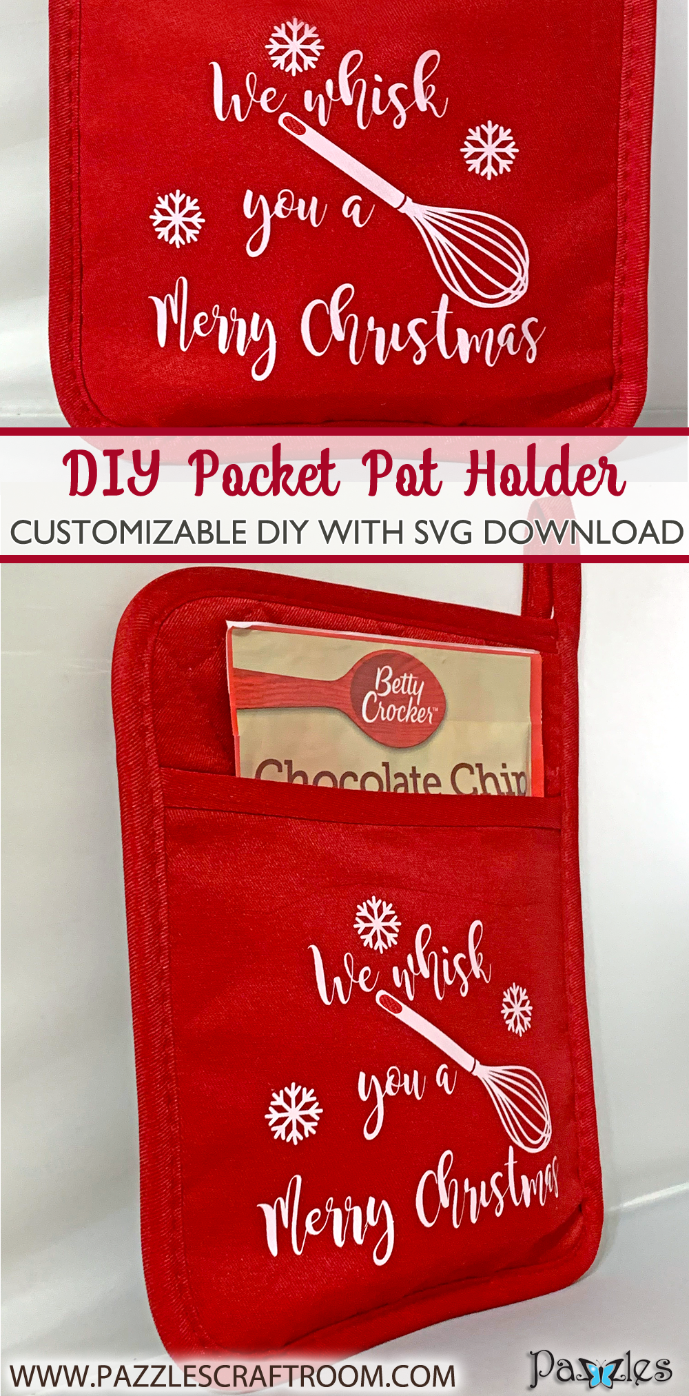 Pazzles DIY Christmas Pocket Pot Holder. Instant SVG download compatible with all major electronic cutters including Pazzles Inspiration, Cricut, and Silhouette Cameo. Project by Lisa Reyes.