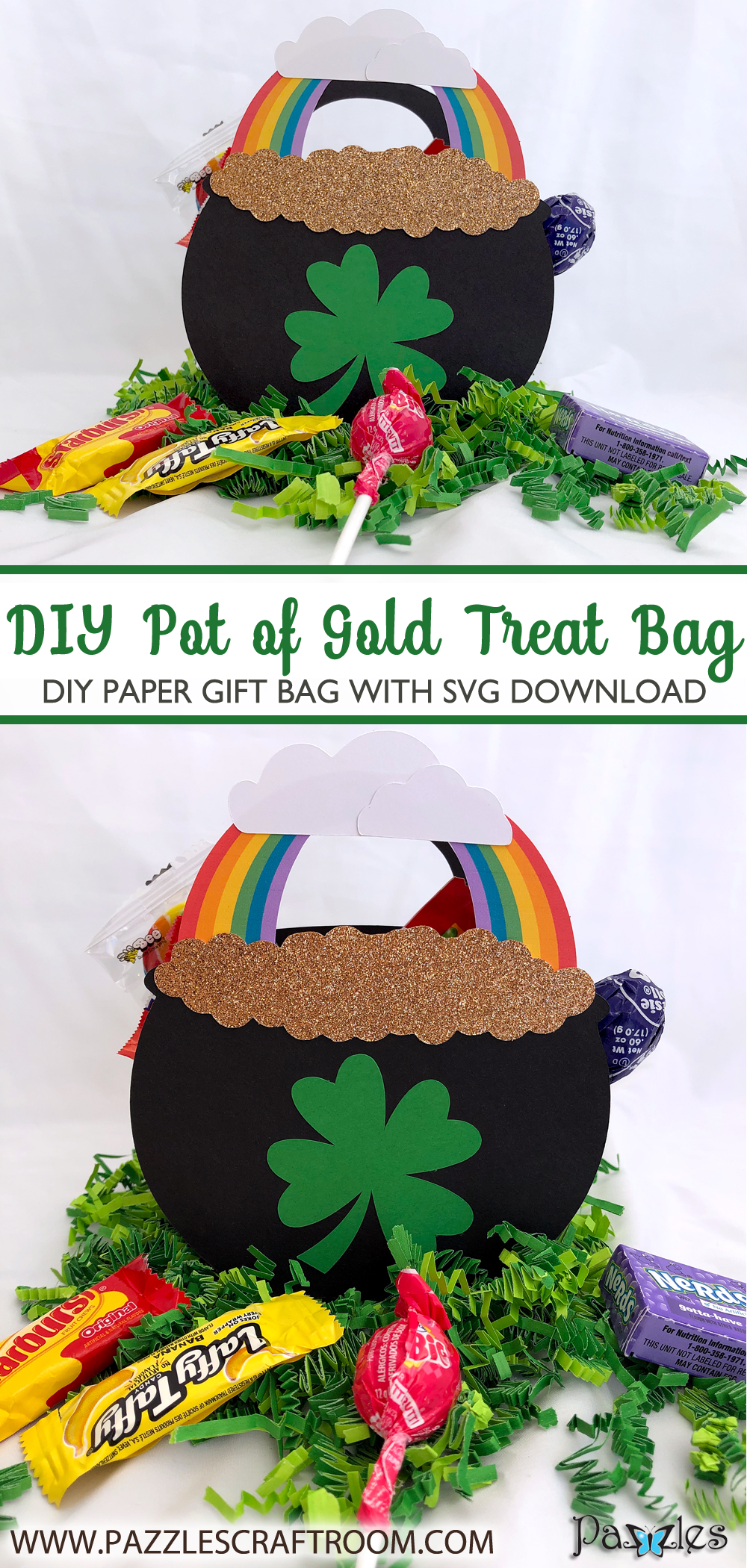 Pazzles DIY Pot of Gold St. Patrick's Day Treat Bag with instant SVG download. Compatible with all electronic cutters including Pazzles Inspiration, Cricut, and Silhouette Cameo. Design by Alma Cervantes.