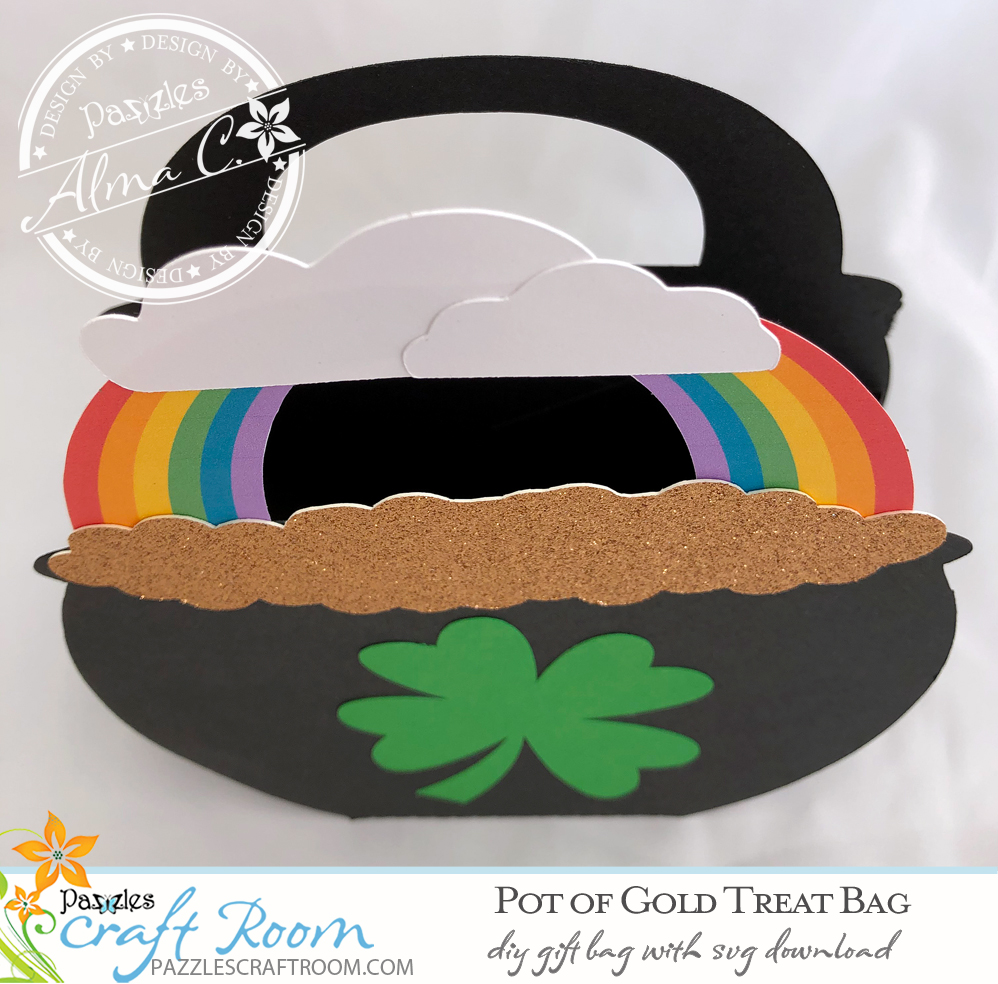 Pazzles DIY Pot of Gold St. Patrick's Day Treat Bag with instant SVG download. Compatible with all electronic cutters including Pazzles Inspiration, Cricut, and Silhouette Cameo. Design by Alma Cervantes.