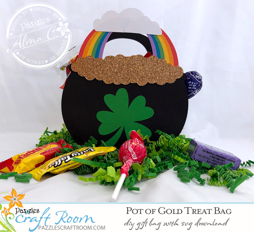 Pazzles DIY Pot of Gold St. Patrick's Day Treat Bag with instant SVG download. Compatible with all electronic cutters including Pazzles Inspiration, Cricut, and Silhouette Cameo. Design by Alma Cervantes.