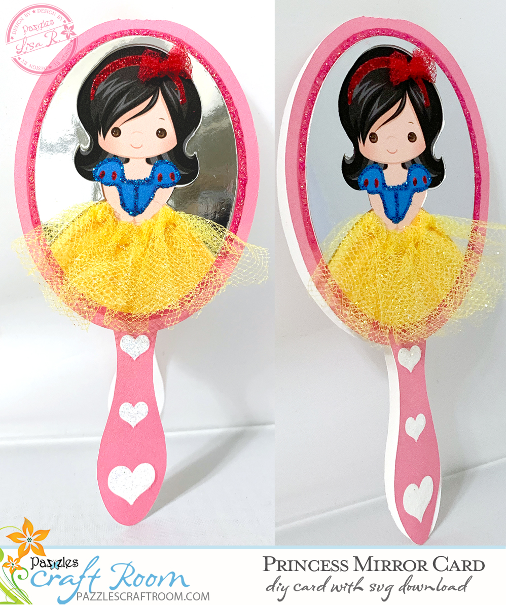 Pazzles Snow White DIY Princess Mirror Card with SVG download. Compatible with all major electronic cutters including Pazzles Inspiration, Cricut, and Silhouette Cameo. Design by Lisa Reyna.
