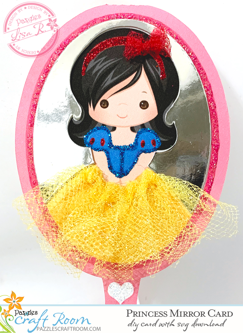 Pazzles Snow White DIY Princess Mirror Card with SVG download. Compatible with all major electronic cutters including Pazzles Inspiration, Cricut, and Silhouette Cameo. Design by Lisa Reyna.
