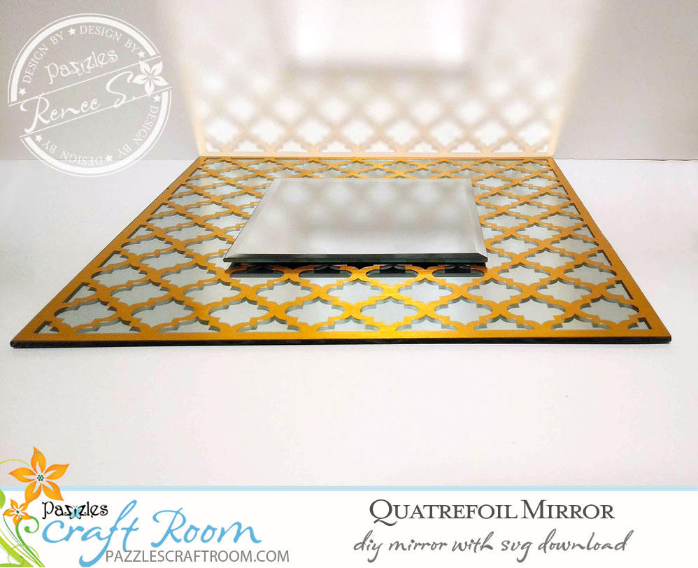 Pazzles DIY Quatrefoil Decorative Mirror with instant SVG download. Compatible with all major electronic cutters including Pazzles Inspiration, Cricut, and Silhouette Cameo. Design by Renee Smart.