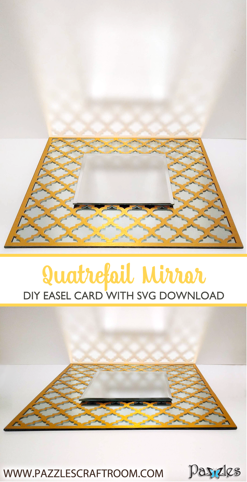 Pazzles DIY Quatrefoil Decorative Mirror with instant SVG download. Compatible with all major electronic cutters including Pazzles Inspiration, Cricut, and Silhouette Cameo. Design by Renee Smart.