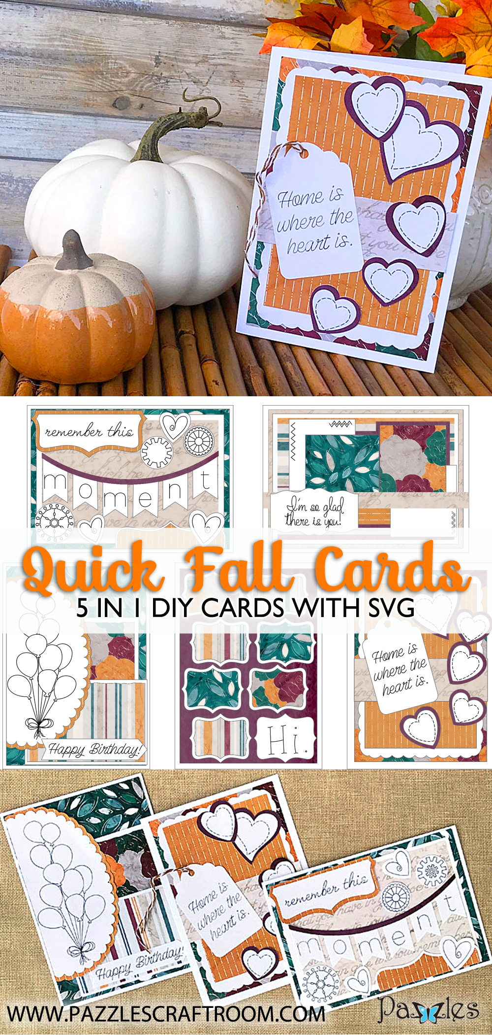 Pazzles DIY 5 Quick Fall Cards with instant SVG download. Compatible with all major electronic cutters including Pazzles Inspiration, Cricut, and SIlhouette Cameo. Design by Leslie Peppers.