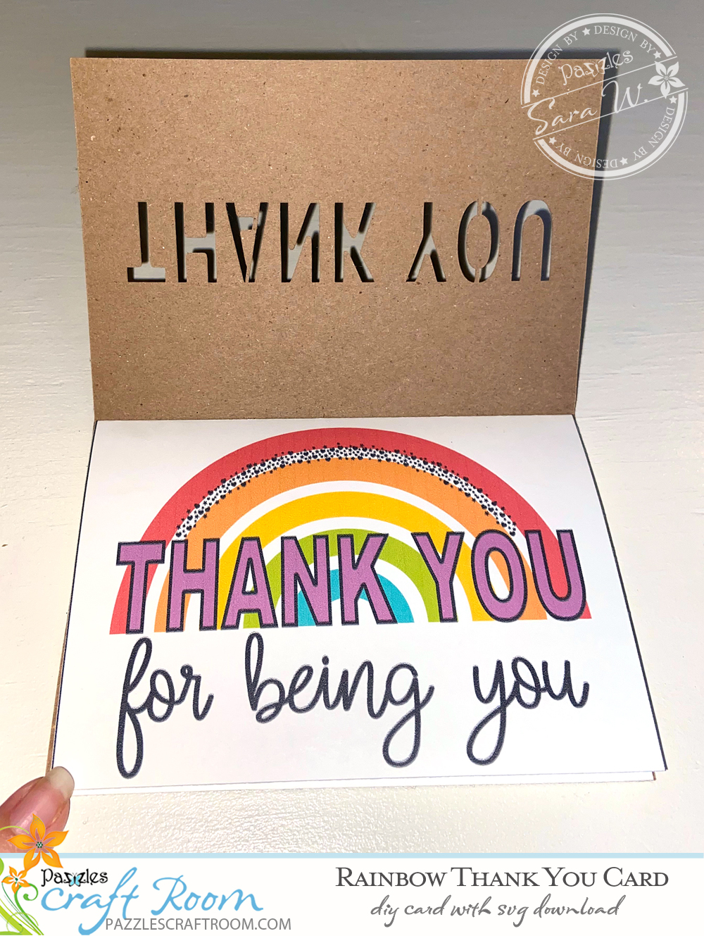 Pazzles DIY Rainbow Thank You Card. Instant SVG download compatible with all major electronic cutters including Pazzles Inspiration, Cricut, and Silhouette Cameo. Design by Sara Weber.