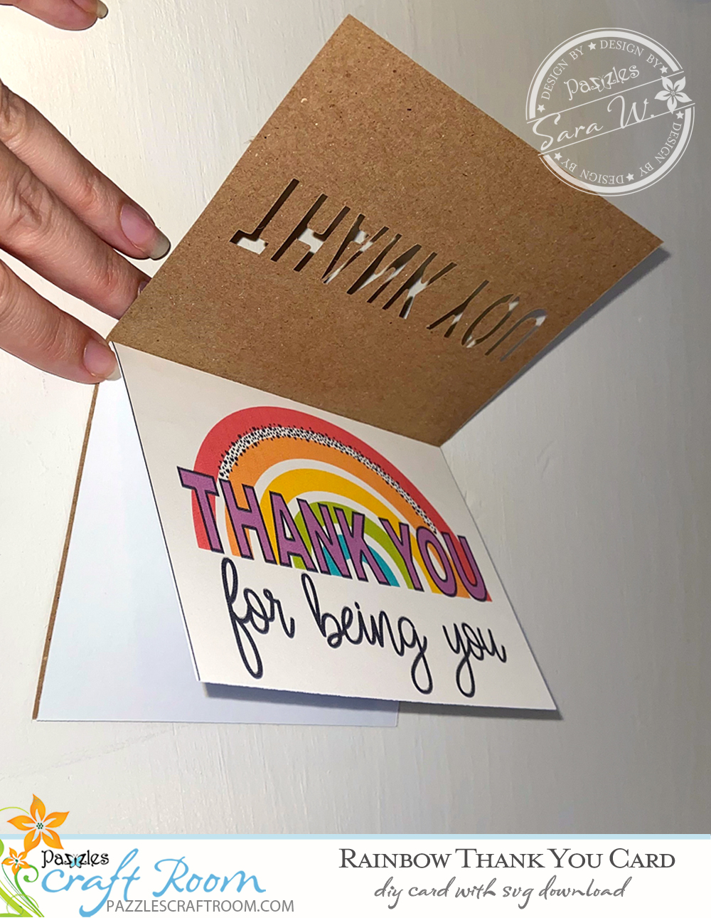 Pazzles DIY Rainbow Thank You Card. Instant SVG download compatible with all major electronic cutters including Pazzles Inspiration, Cricut, and Silhouette Cameo. Design by Sara Weber.