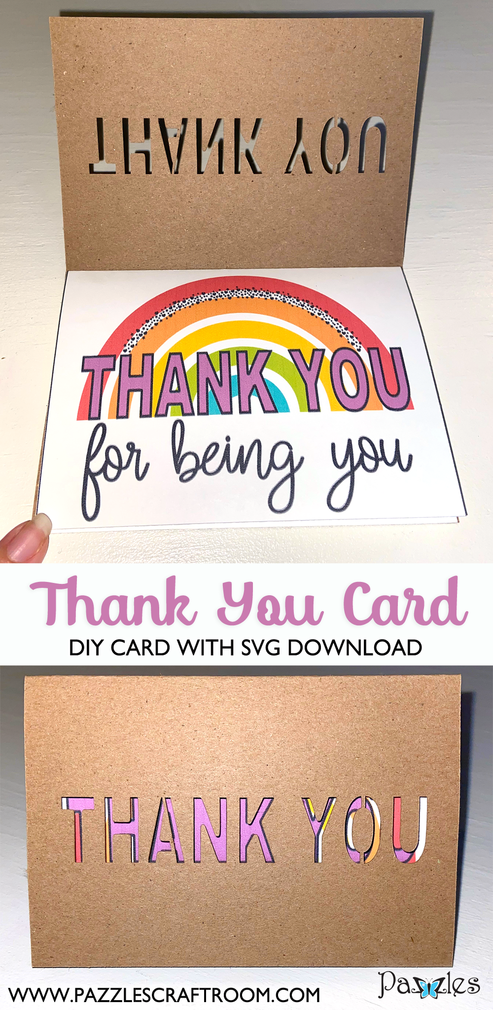 Pazzles Rainbow Thank You Card. Instant SVG download compatible with all major electronic cutters including Pazzles Inspiration, Cricut, and Silhouette Cameo. Design by Sara Weber.