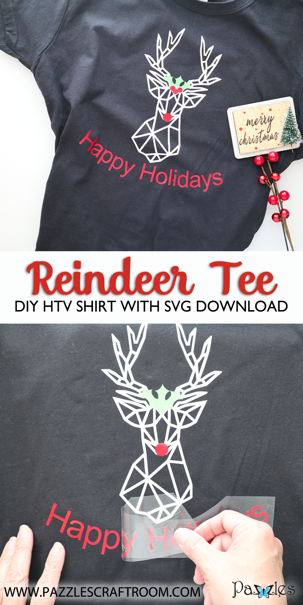 Pazzles DIY Reindeer Shirt with instant SVG download. Compatible with all major electronic cutters including Pazzles Inspiration, Cricut, and Silhouette Cameo. Design by Monica Martinez.