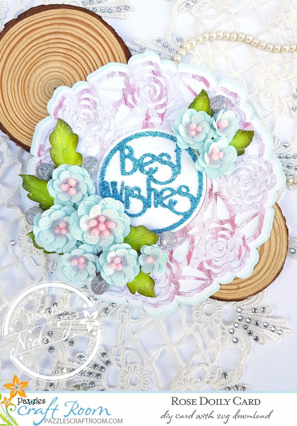 Pazzles DIY Rose Doily Card with instant SVG download. Compatible with all major electronic cutters including Pazzles Inspiration, Cricut, and Silhouette Cameo. Design by Nida Tanweer.