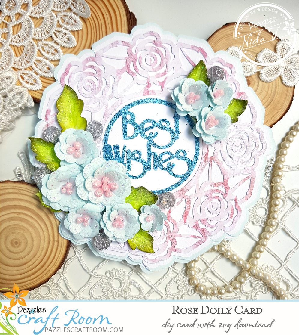 Pazzles DIY Rose Doily Card with instant SVG download. Compatible with all major electronic cutters including Pazzles Inspiration, Cricut, and Silhouette Cameo. Design by Nida Tanweer.