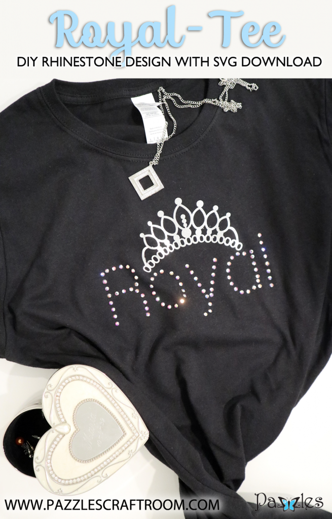 Pazzles DIY Royal Tee rhinestone shirt with instant SVG download. Compatible with all major electronic cutters including Pazzles Inspiration, Cricut, and Silhouette Cameo. Design by Monica Martinez.