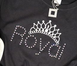 Pazzles DIY Royal Tee rhinestone shirt with instant SVG download. Compatible with all major electronic cutters including Pazzles Inspiration, Cricut, and Silhouette Cameo. Design by Monica Martinez.